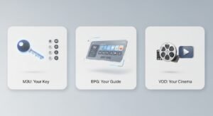 A 3-panel infographic that visually explains the meaning of IPTV jargon: M3U (a key), EPG (a guide), and VOD (a cinema).