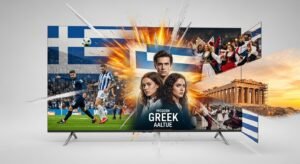 A collage of Greek content, including sports, movies, and culture, bursting from a TV screen, used to explain what "Greek IP TV" means.
