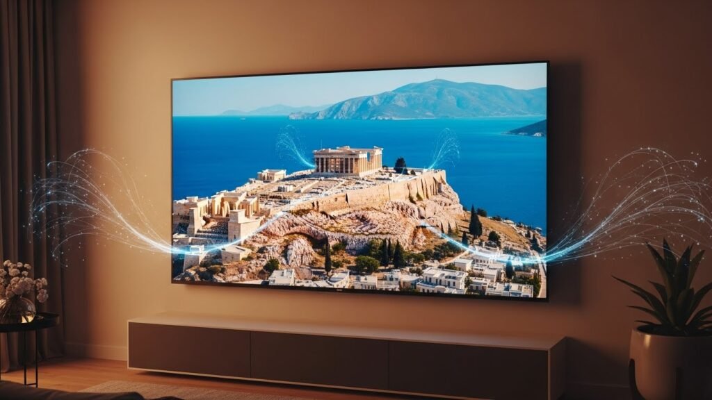 Σύγχρονο σαλόνι με Smart TV που προβάλλει ελληνικό περιεχόμενο μέσω Greek IP TV