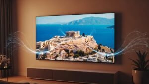 Σύγχρονο σαλόνι με Smart TV που προβάλλει ελληνικό περιεχόμενο μέσω Greek IP TV
