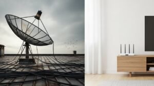 Συγκριτική εικόνα που δείχνει την αντίθεση μεταξύ μιας παλιάς δορυφορικής κεραίας και μιας σύγχρονης, μίνιμαλ εγκατάστασης IPTV με TV box.