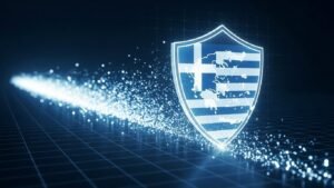 Μια ψηφιακή ασπίδα που φέρει διακριτικά τα ελληνικά χρώματα προστατεύει μια ροή δεδομένων, συμβολίζοντας την ασφάλεια που προσφέρει ένα VPN για την IPTV στην Ελλάδα.