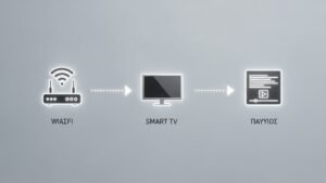 Γράφημα που εξηγεί πώς λειτουργεί η ελληνική IPTV, δείχνοντας τα τρία απαραίτητα στοιχεία: Διαδίκτυο, Συσκευή και Συνδρομή.