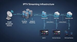 Technical diagram of IPTV streaming architecture with CDN and multi-region servers.