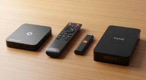 Οπτική ίνα που συνδέεται με τηλεόραση δείχνοντας υψηλές ταχύτητες internet για IPTV.