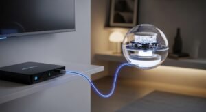 Σύνδεση συσκευής IPTV με Ethernet καλώδιο σε σύγχρονο router για σταθερή μετάδοση εικόνας.